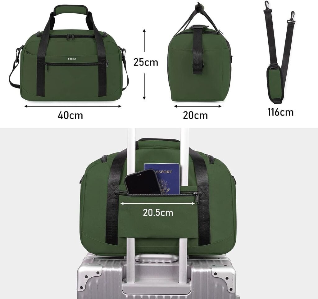 Cabin Bag 40x20x25 for Ryanair Under Seat Flight Bag Recycled PET Eco Friendly Travel Holdall Hand Luggage Bag Carry On Duffel Bag, Green