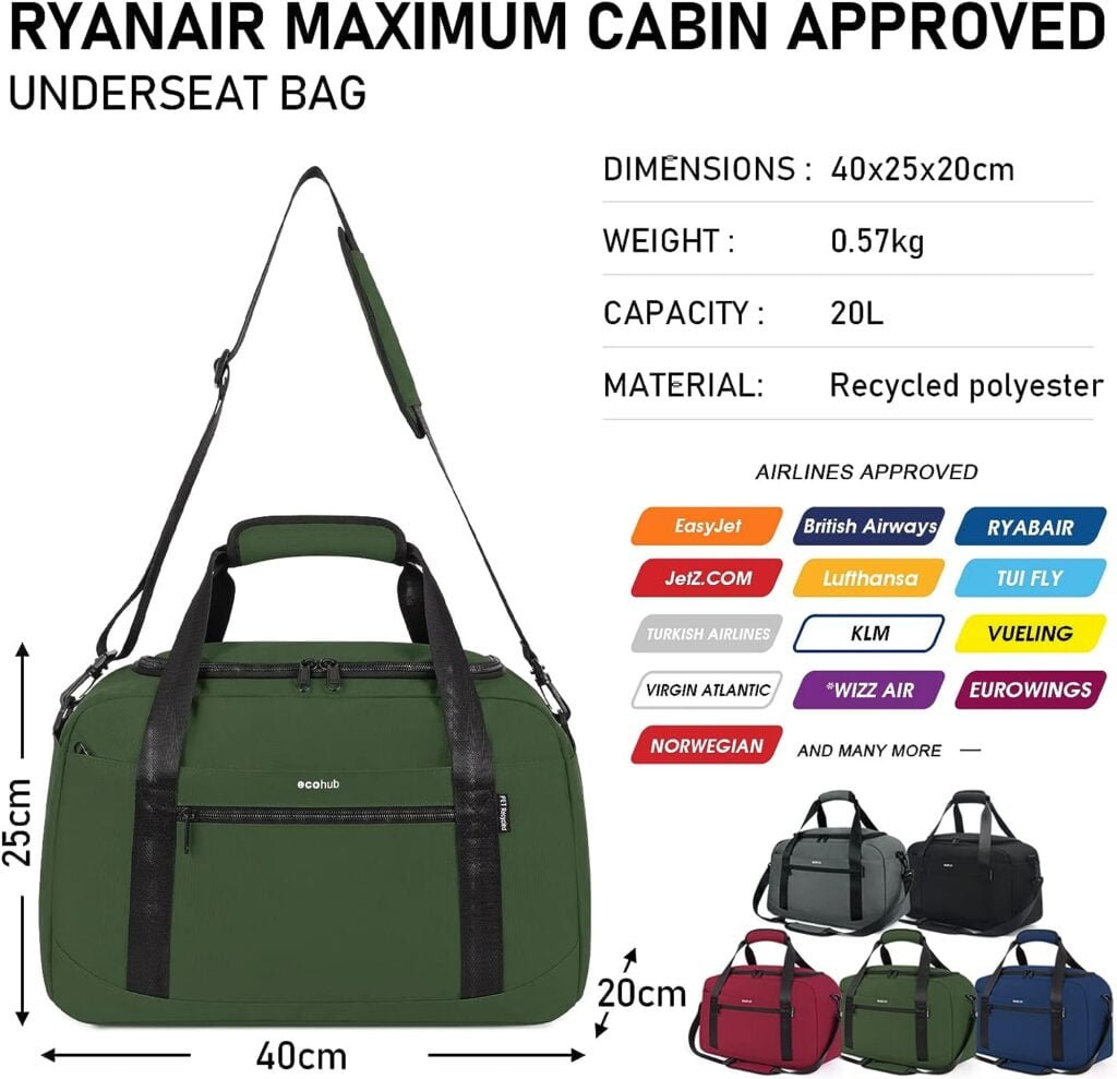 Cabin Bag 40x20x25 for Ryanair Under Seat Flight Bag Recycled PET Eco Friendly Travel Holdall Hand Luggage Bag Carry On Duffel Bag, Green