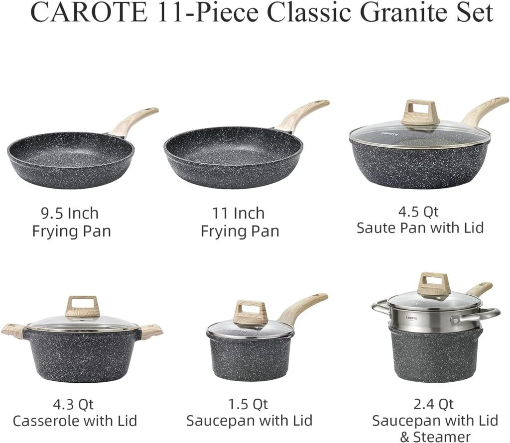 CAROTE Kitchen Cookware Sets, Nonstick Pots and Pans Set 11 Pcs Nonstick Pot, Cookware, Frying Pans (Granite, induction cookware)