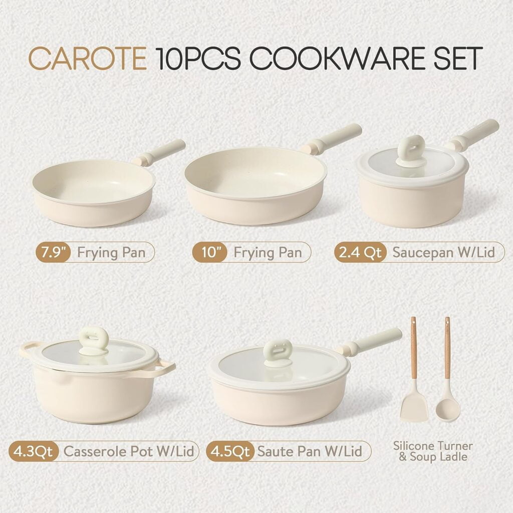 CAROTE Pots and Pans 10 Pieces Set Nonstick Cookware Sets 10 Pcs Induction Cooking Set Dishwasher Safe Cookware w/Frying Pans Saucepans PFOS PFOA Free(Cream Granite)