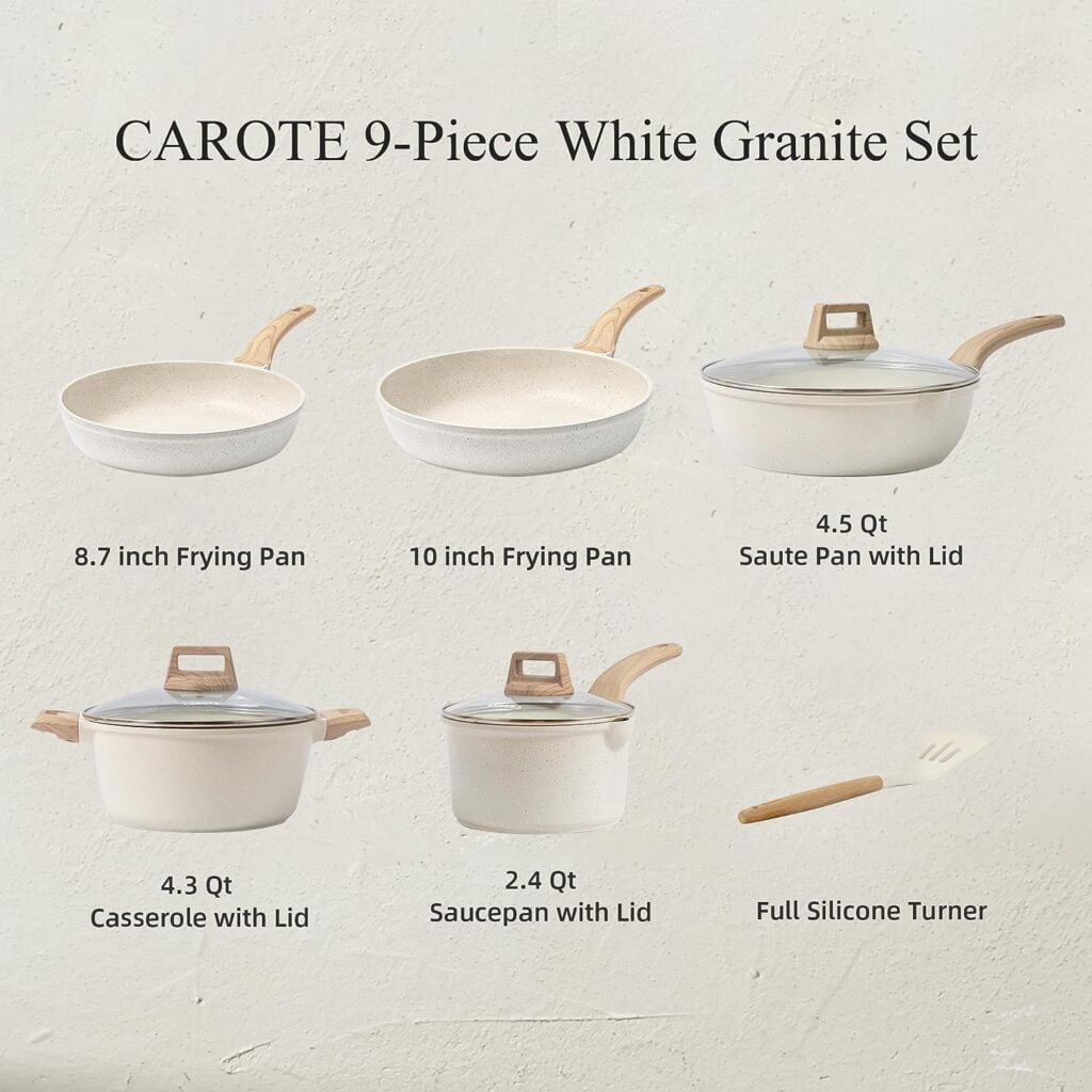 CAROTE Pots and Pans 9 Pieces Set, Nonstick Cookware Sets Induction Cookware, White Granite 9 Pcs Non Stick Cooking Set w/Frying Pans Saucepans(PFOS, PFOA Free)