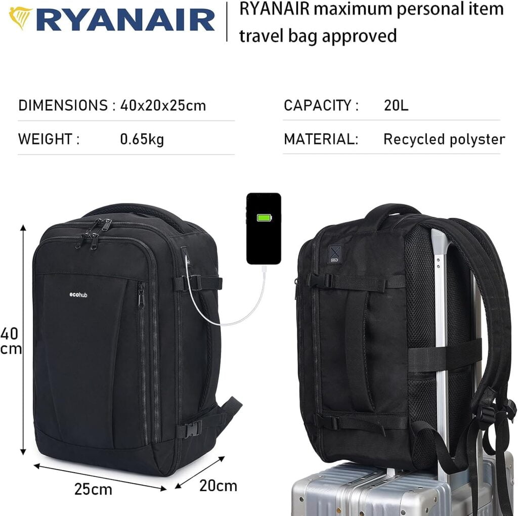 ECOHUB Ryanair Cabin Bag 40x20x25 Underseat Travel Bag 13 Pockets Hand Luggage Backpack Recycled PET Eco Friendly Rucksack for Women Men Carry on Bag with USB Port, 20L, Black