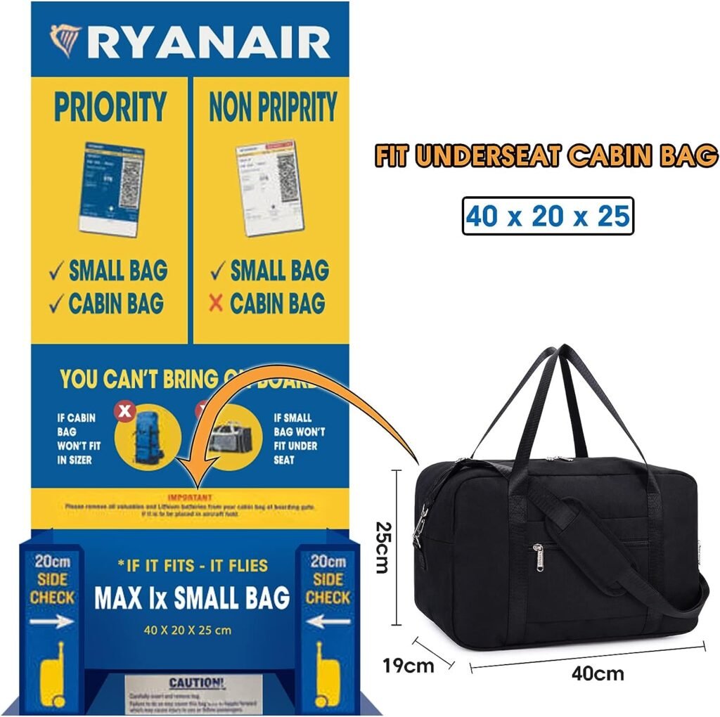 for Ryanair Airlines Cabin Bag 40X20X25 Underseat Foldable Travel Duffel Bag Holdall Tote Overnight Carry on Luggage for Women and Men 20L (Black)