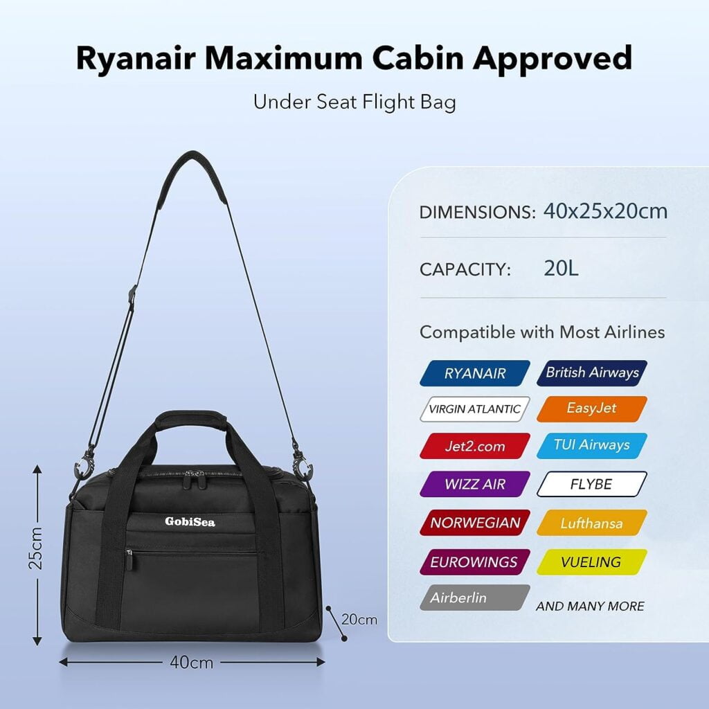 GobiSea Ryanair Cabin Bags 40x20x25 Underseat Flight Bag - Foldable Travel Duffle Bag Under Seat Cabin Bag Ryanair - Airline Cabin Bag Carry on Bags for Men and Women - Black