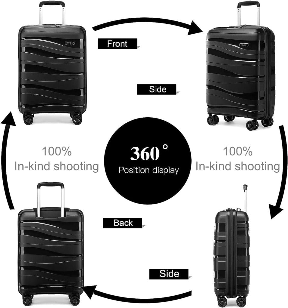 Kono 55x40x20cm Hand Cabin Luggage Lightweight Polypropylene Hard Shell Carry On Suitcase Trolley with TSA Lock Spinner Wheels (Black)