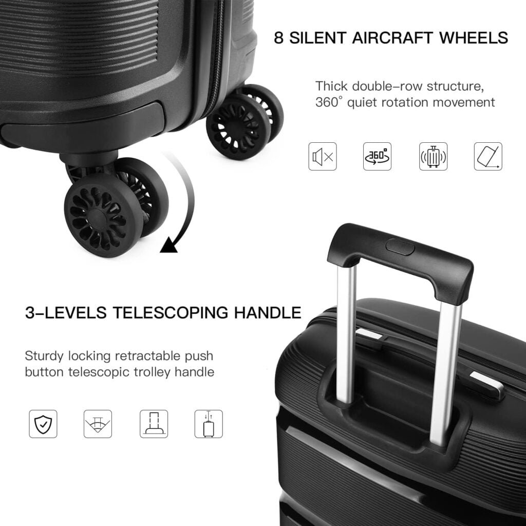 Kono 55x40x21cm Cabin Hand Luggage Hard Shell Travel Trolley 4 Spinner Wheels Lightweight Polypropylene Carry On Suitcase with TSA Lock 40L (Black)