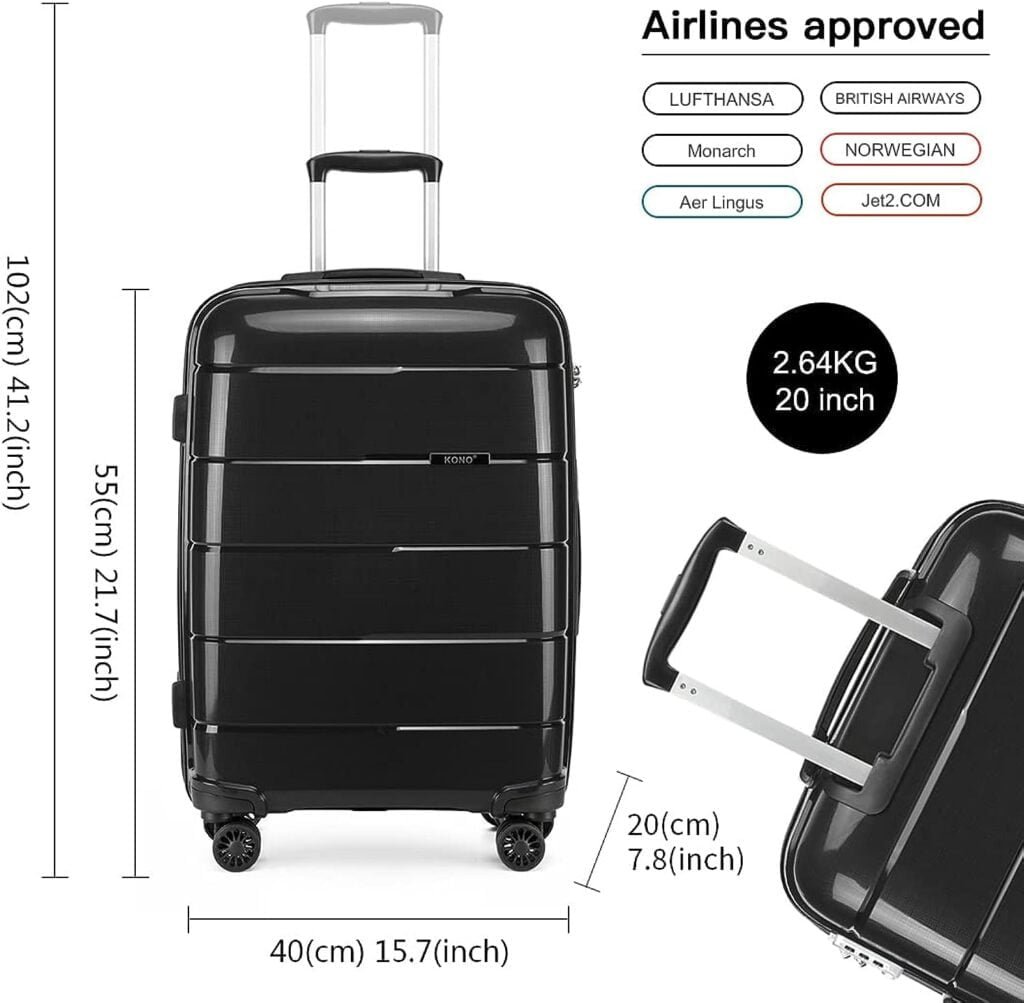 Kono Hard Shell 55cm Cabin Hand Luggage in TSA Lock 4 Wheeled Spinner Lightweight Polypropylene Suitcase with YKK Zipper (S (55cm - 38L), Black)