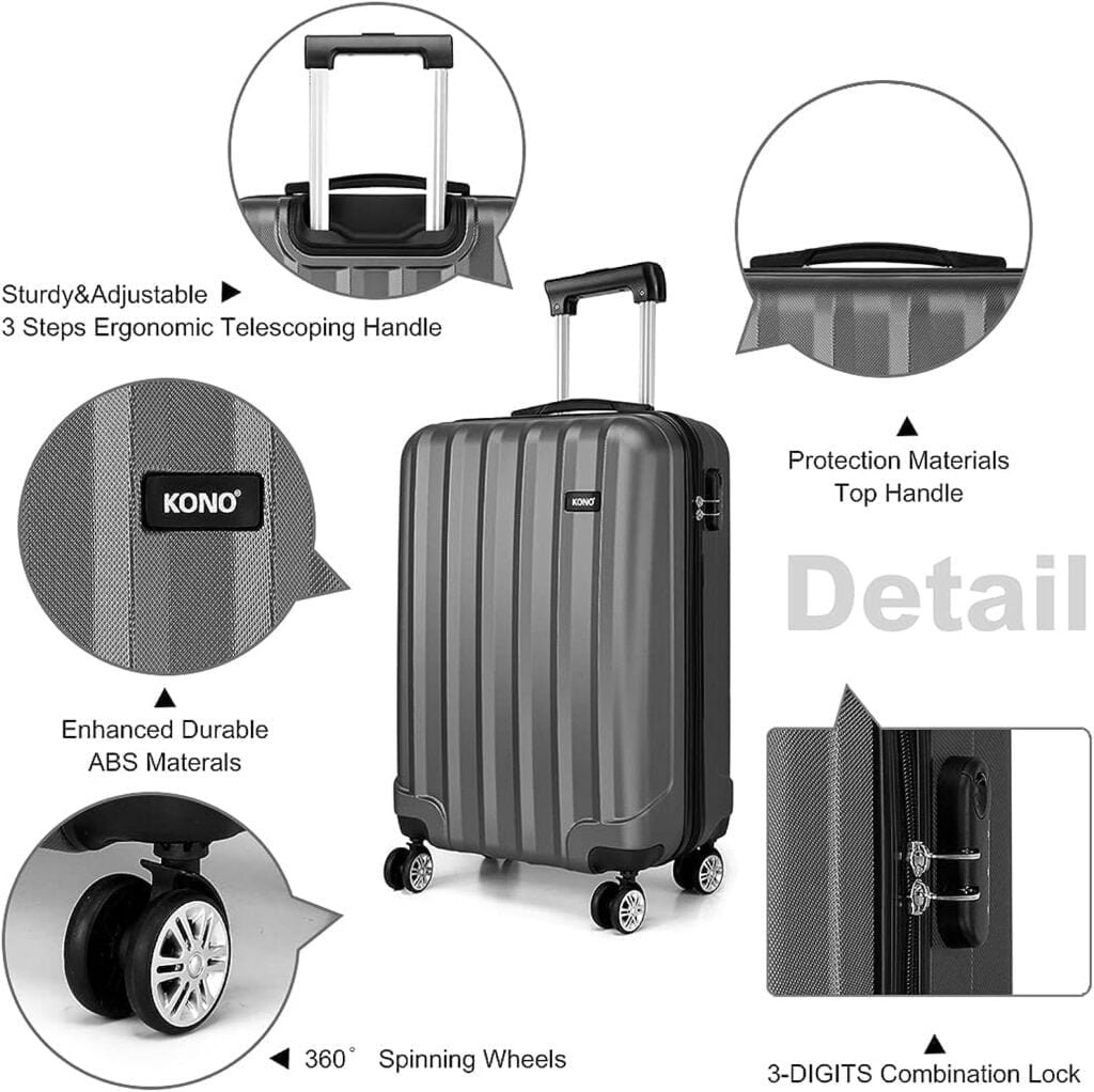 Kono Lightweight Cabin Suitcase 55x35x20cm Hard Shell ABS Luggage with 4 Wheels Carry On Hand Travel Suitcases (Grey)