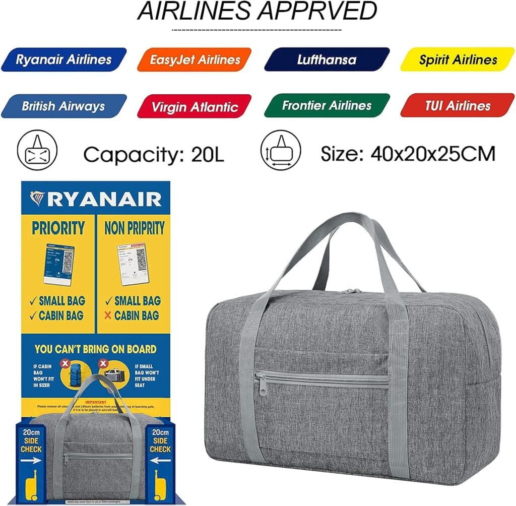 Ryanair Cabin Bags 40x20x25 Underseat Cabin Bag Travel Duffel Bag Foldable Holdall Tote Carry on Cabin Luggage Overnight Weekend Bags Gifts for Women and Men