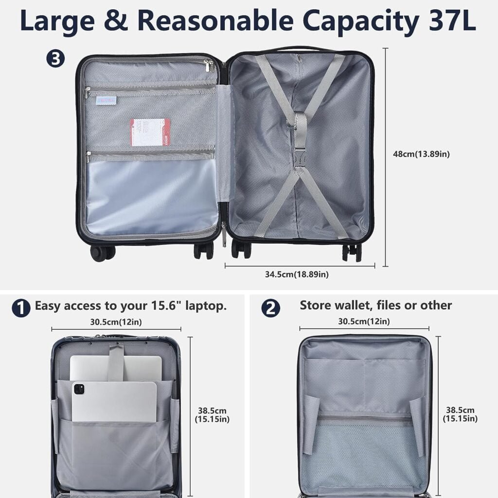 TydeCkare Carry On 55x35x23cm Luggage with Front Pocket for 15.6 Laptop, ABS+PC Suitcase with Dual Control TSA Lock, YKK Zipper, 4 Spinner Wheels, Dark Blue