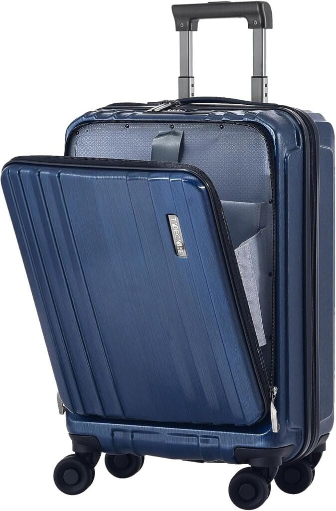 TydeCkare Carry On 55x35x23cm Luggage with Front Pocket for 15.6 Laptop, ABS+PC Suitcase with Dual Control TSA Lock, YKK Zipper, 4 Spinner Wheels, Dark Blue