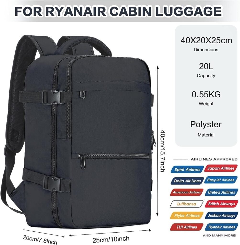 xlodea for Ryanair Cabin Bags 40x20x25 Underseat Carry-ons Bag Hand Luggage Travel Backpack Cabin Size with USB Port, Trolley Sleeve, Wet Pocket, Laptop Compartment