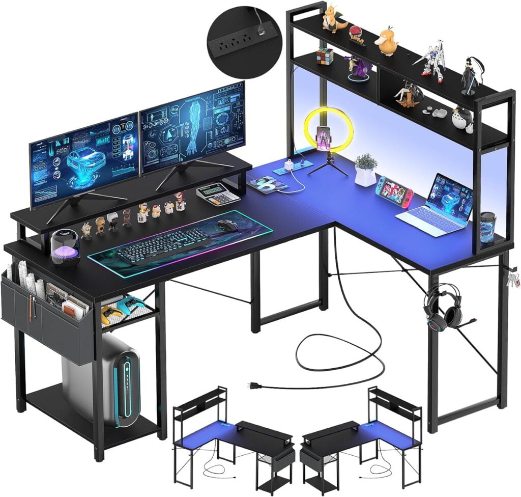 Aheaplus Small L Shaped Gaming Desk with LED Lights Power Outlets, Reversible L-Shaped Computer Desk with Monitor Stand Storage Shelf, Corner Desks Home Office Desk with Storage Bag, Black