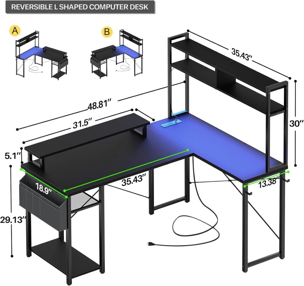 Aheaplus Small L Shaped Gaming Desk with LED Lights Power Outlets, Reversible L-Shaped Computer Desk with Monitor Stand Storage Shelf, Corner Desks Home Office Desk with Storage Bag, Black