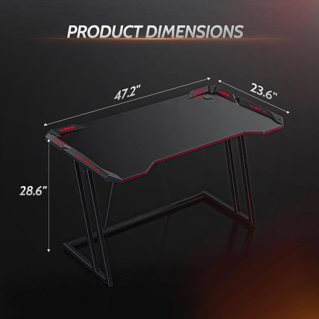 CubiCubi Gaming Desk with LED, 47 Inch Gamer Workstation, Home Computer with Carbon Fiber Surface, Black