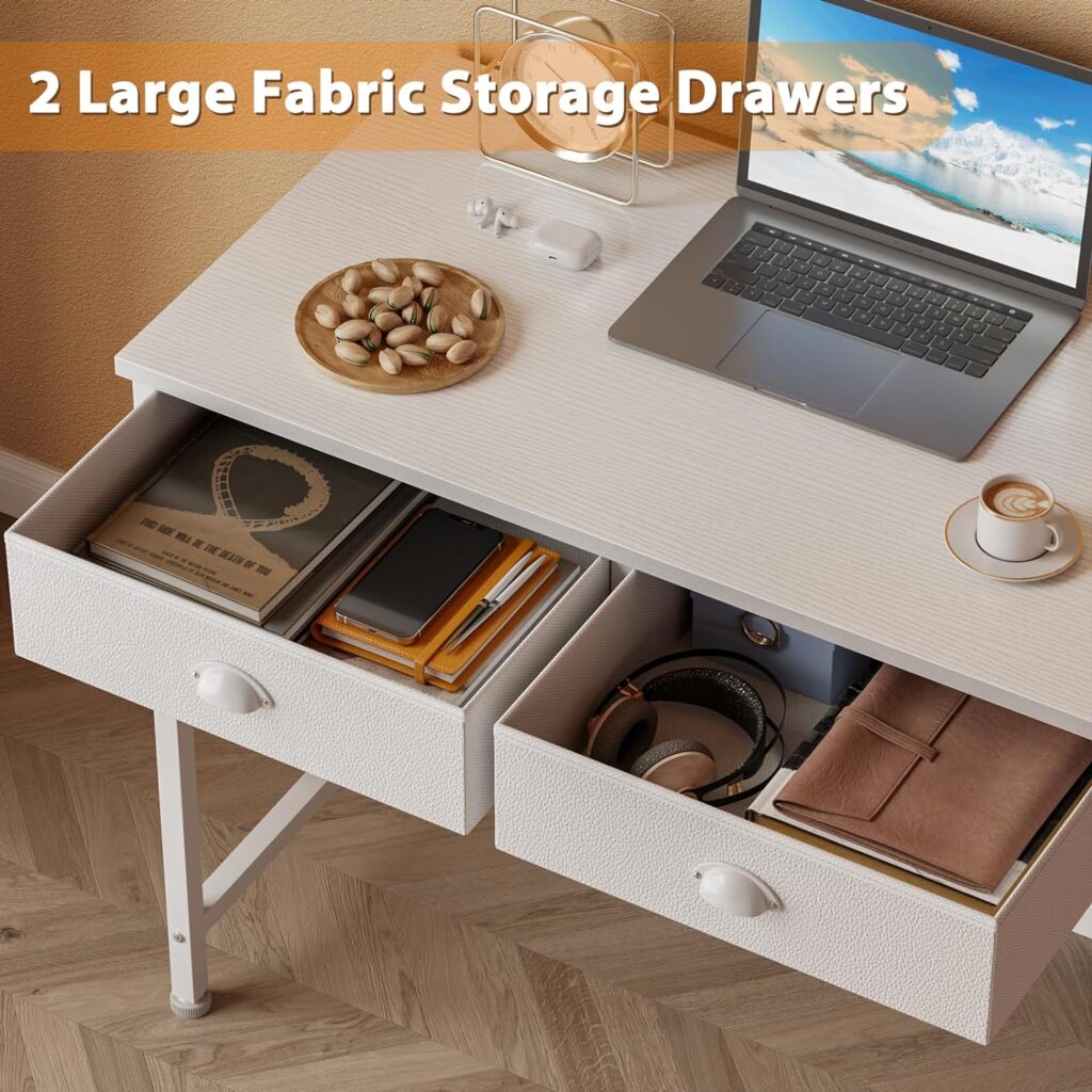 Furologee White Small Computer Desk with 2 Fabric Drawers, Simple Home Office Writing Desk, Vanity Makeup Desk Dressing Table with Hooks, Study Desk for Bedroom Small Spaces