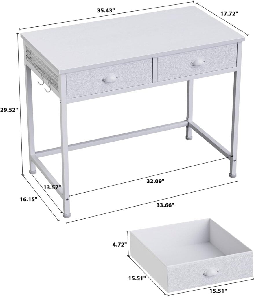 Furologee White Small Computer Desk with 2 Fabric Drawers, Simple Home Office Writing Desk, Vanity Makeup Desk Dressing Table with Hooks, Study Desk for Bedroom Small Spaces