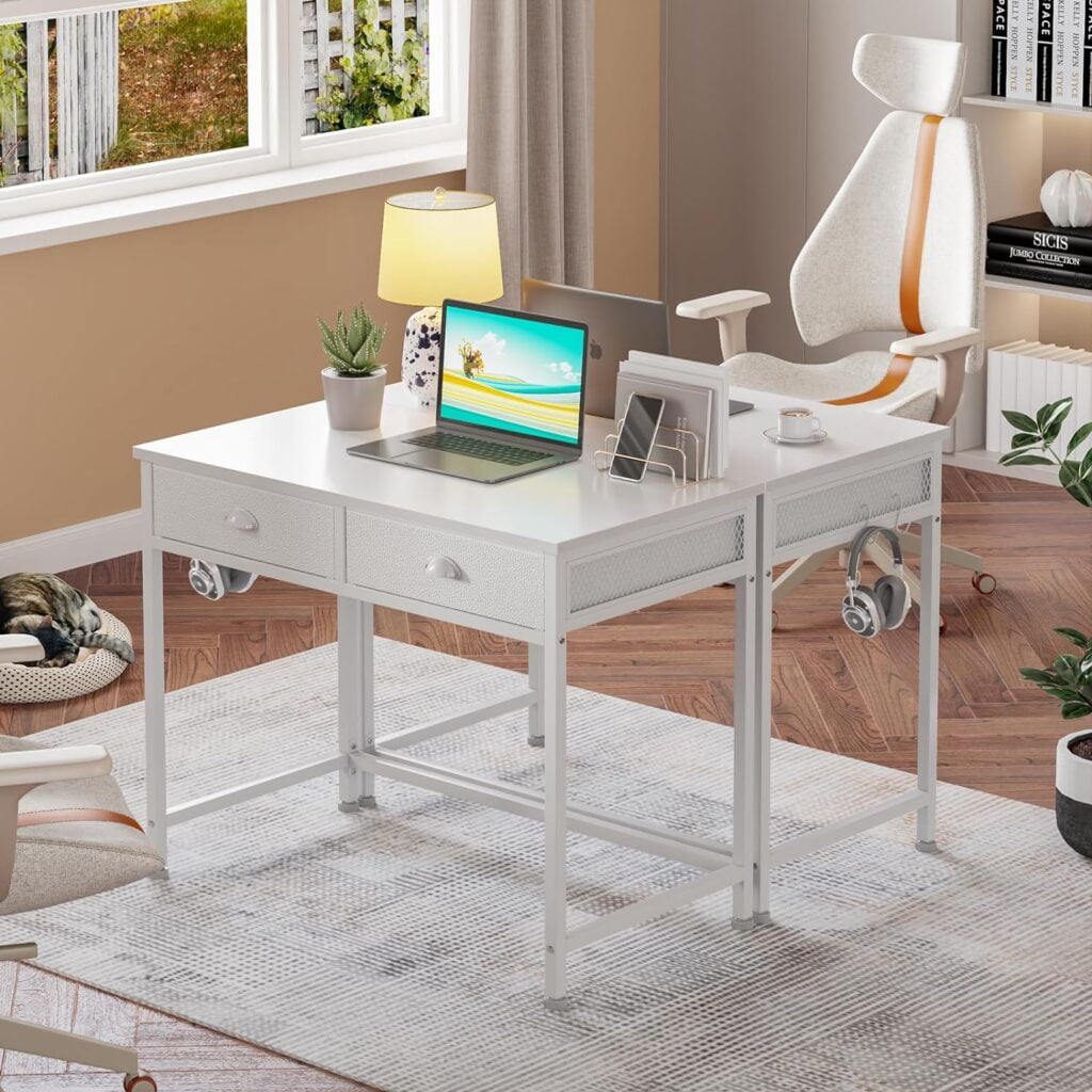 Furologee White Small Computer Desk with 2 Fabric Drawers, Simple Home Office Writing Desk, Vanity Makeup Desk Dressing Table with Hooks, Study Desk for Bedroom Small Spaces