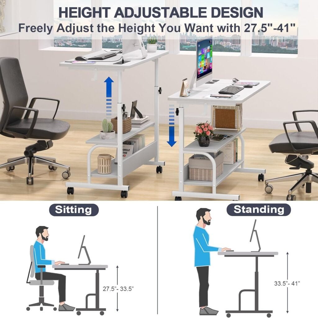 Height Adjustable Standing Desk with Power Outlets, 32 Manual Stand Up Desk with Storage Shelves Small Mobile Rolling Computer Desk Portable Laptop Table with Wheels for Home Office, White