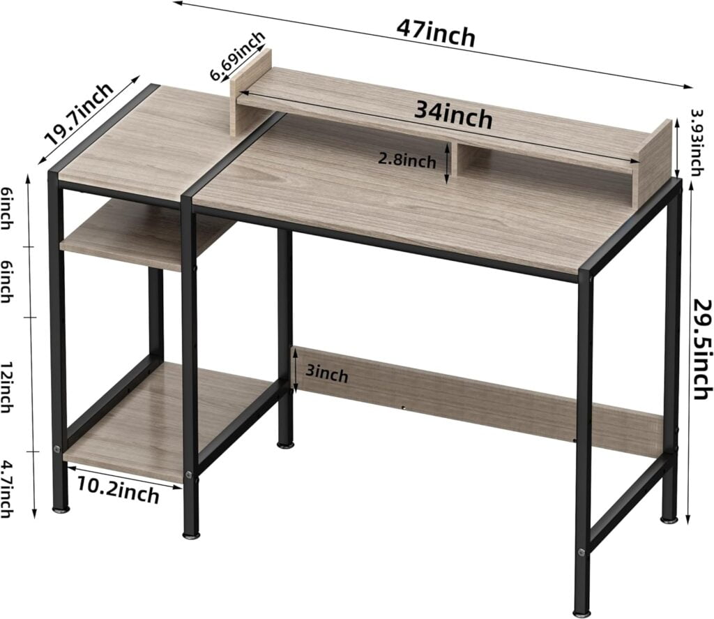 MINOSYS Computer Desk - 47â€ Gaming Desk, Home Office Desk with Storage, Small Desk with Monitor Stand, Writing Desk for 2 Monitors, Adjustable Storage Space, Modern Design Corner Table, Gray.