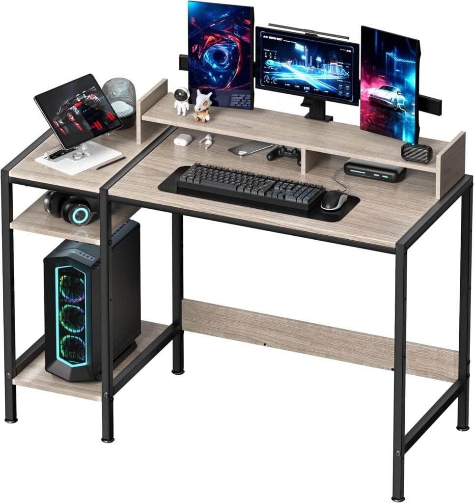 MINOSYS Computer Desk - 47â€ Gaming Desk, Home Office Desk with Storage, Small Desk with Monitor Stand, Writing Desk for 2 Monitors, Adjustable Storage Space, Modern Design Corner Table, Gray.