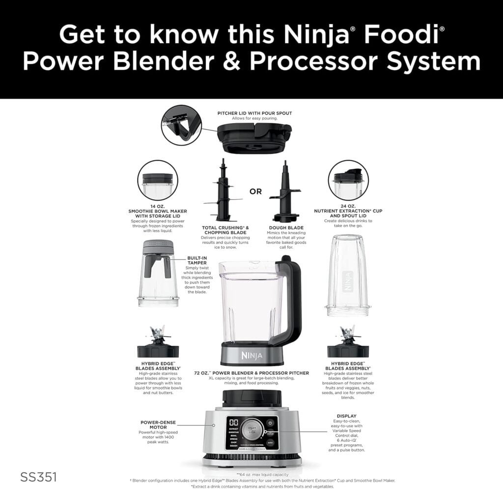 Ninja SS351 Foodi Power Blender Processor System 1400 WP Smoothie Bowl Maker Nutrient Extractor* 6 Functions for Bowls, Spreads, Dough More, smartTORQUE, 72-oz.** Pitcher To-Go Cups, Silver