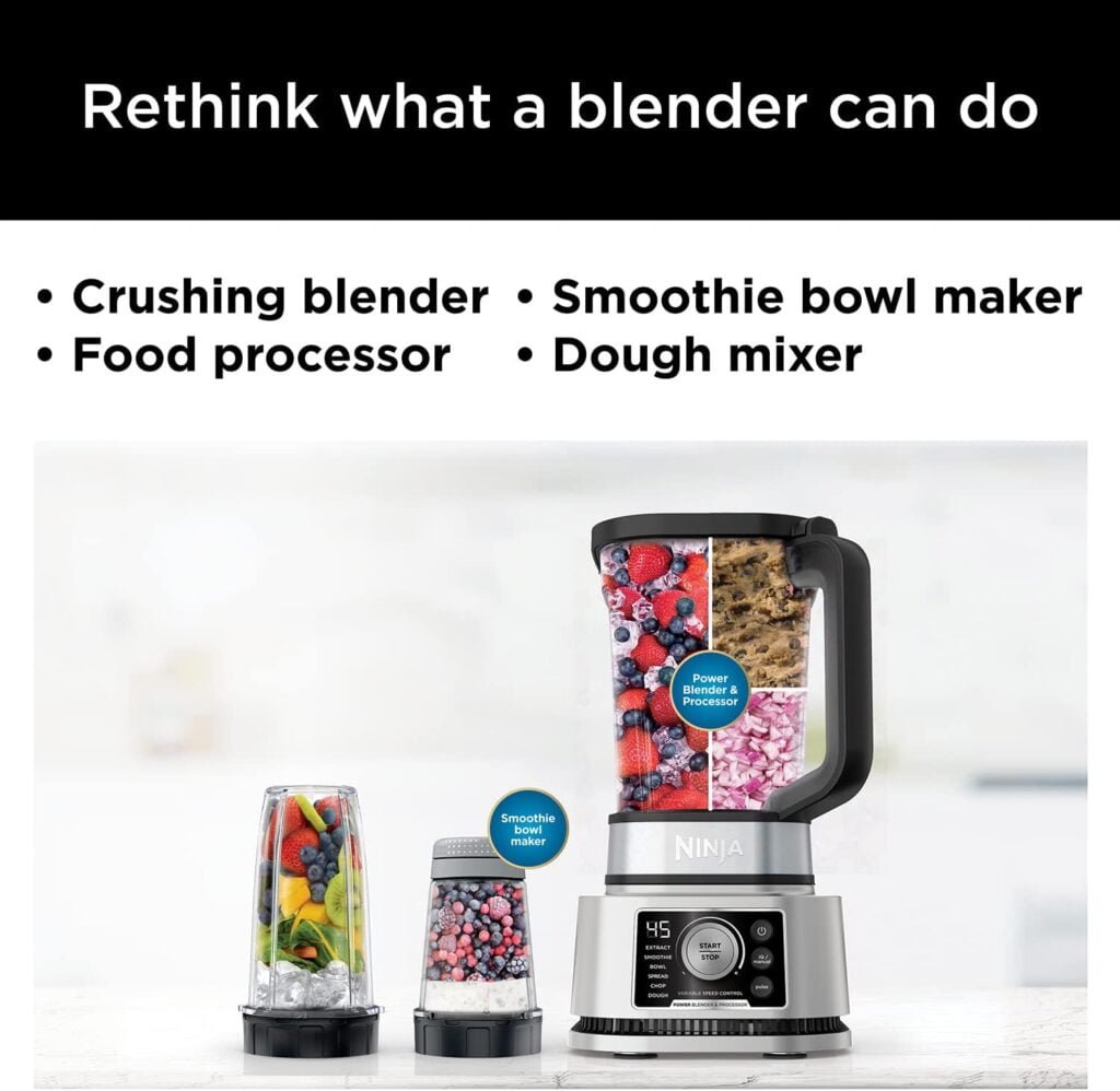 Ninja SS351 Foodi Power Blender Processor System 1400 WP Smoothie Bowl Maker Nutrient Extractor* 6 Functions for Bowls, Spreads, Dough More, smartTORQUE, 72-oz.** Pitcher To-Go Cups, Silver