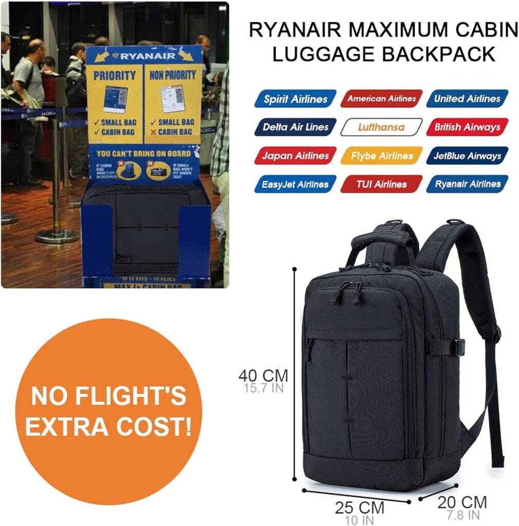 Ryanair Cabin Bag 40x20x25 Hand Luggage Backpack 15.6 Inch Laptop Backpack Hand Cabin Luggage Approved Travel Laptop Carry On Bag Holdall Shoulder Bag Rucksack Flight Bag with USB 20L