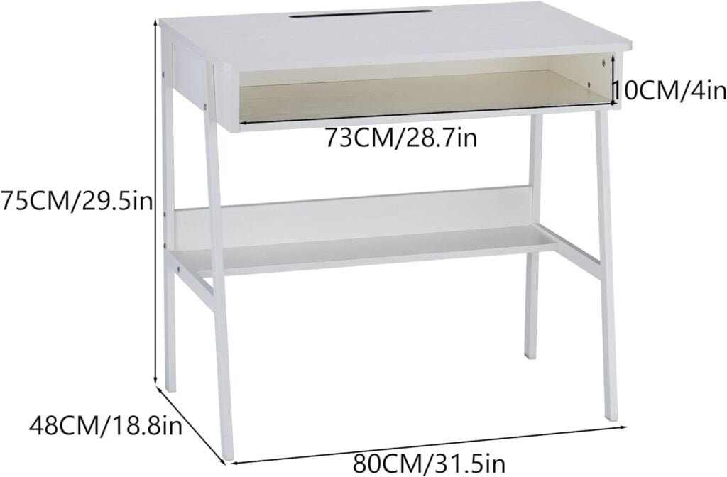 SOPRANNOMIN Small Study Desk Simple Desk Work Station with Storage Rack W31.5*D18.9*H29.5 In Laptop Table Space Saving Student Bedroom Computer Desk Writing Table PC Laptop Table for Office White Desk