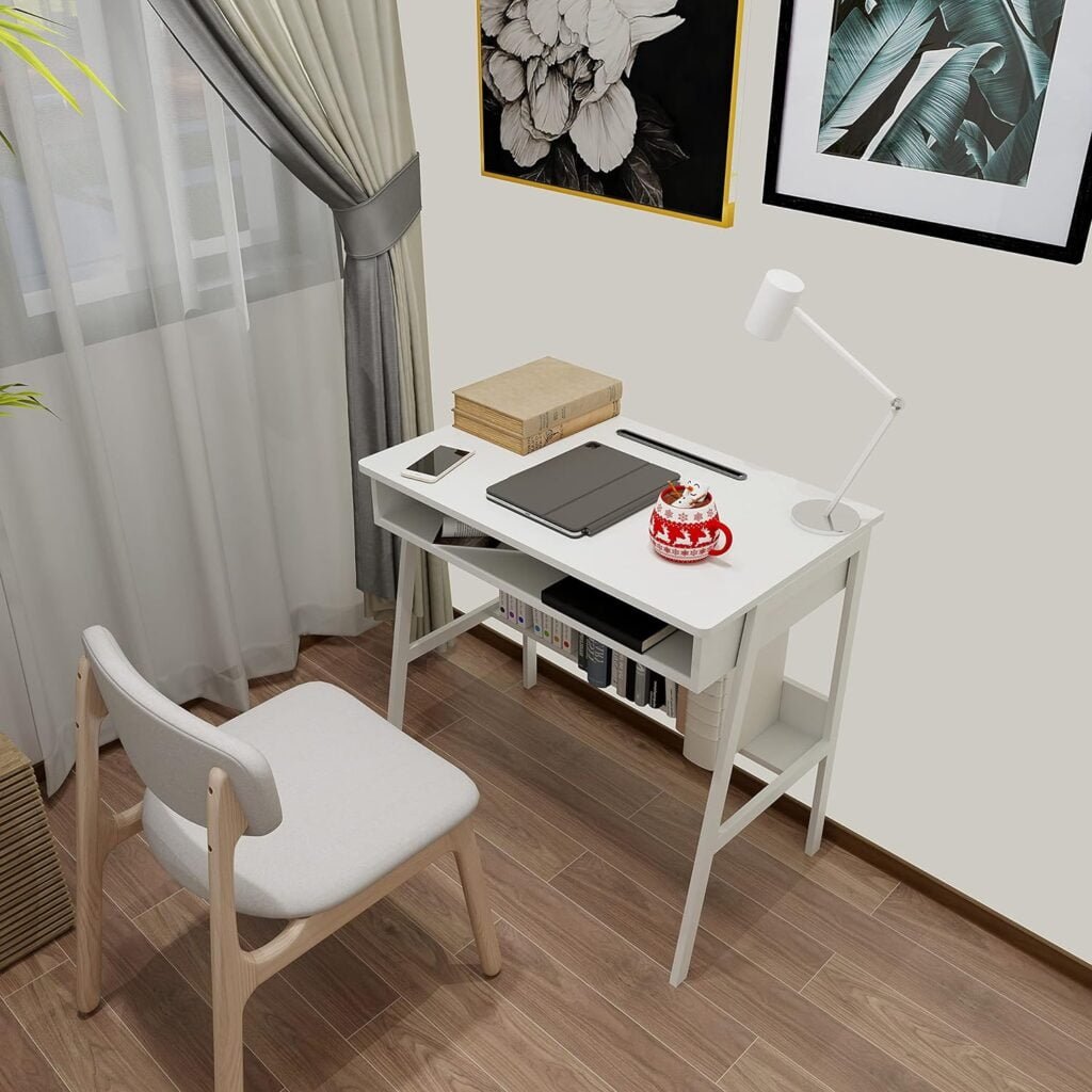 SOPRANNOMIN Small Study Desk Simple Desk Work Station with Storage Rack W31.5*D18.9*H29.5 In Laptop Table Space Saving Student Bedroom Computer Desk Writing Table PC Laptop Table for Office White Desk