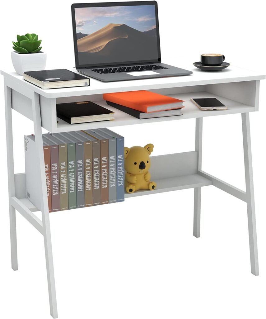 SOPRANNOMIN Small Study Desk Simple Desk Work Station with Storage Rack W31.5*D18.9*H29.5 In Laptop Table Space Saving Student Bedroom Computer Desk Writing Table PC Laptop Table for Office White Desk