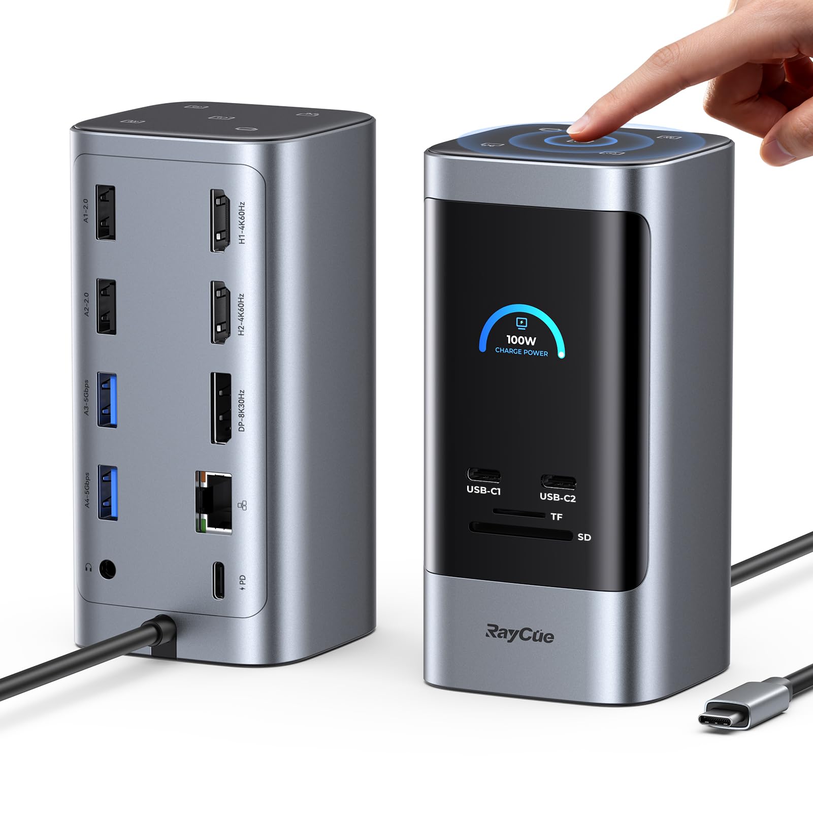 RayCue 15 in 1 Laptop Docking Station 3 Monitors, Triple 8K Display with 3 HDMI, 6 USB Ports, 5 Shortcut Button, Gigabit Ethernet, PD3.0, Smart Display for Windows/Dell/Lenovo/HP...(No Power Adapter) 15 15