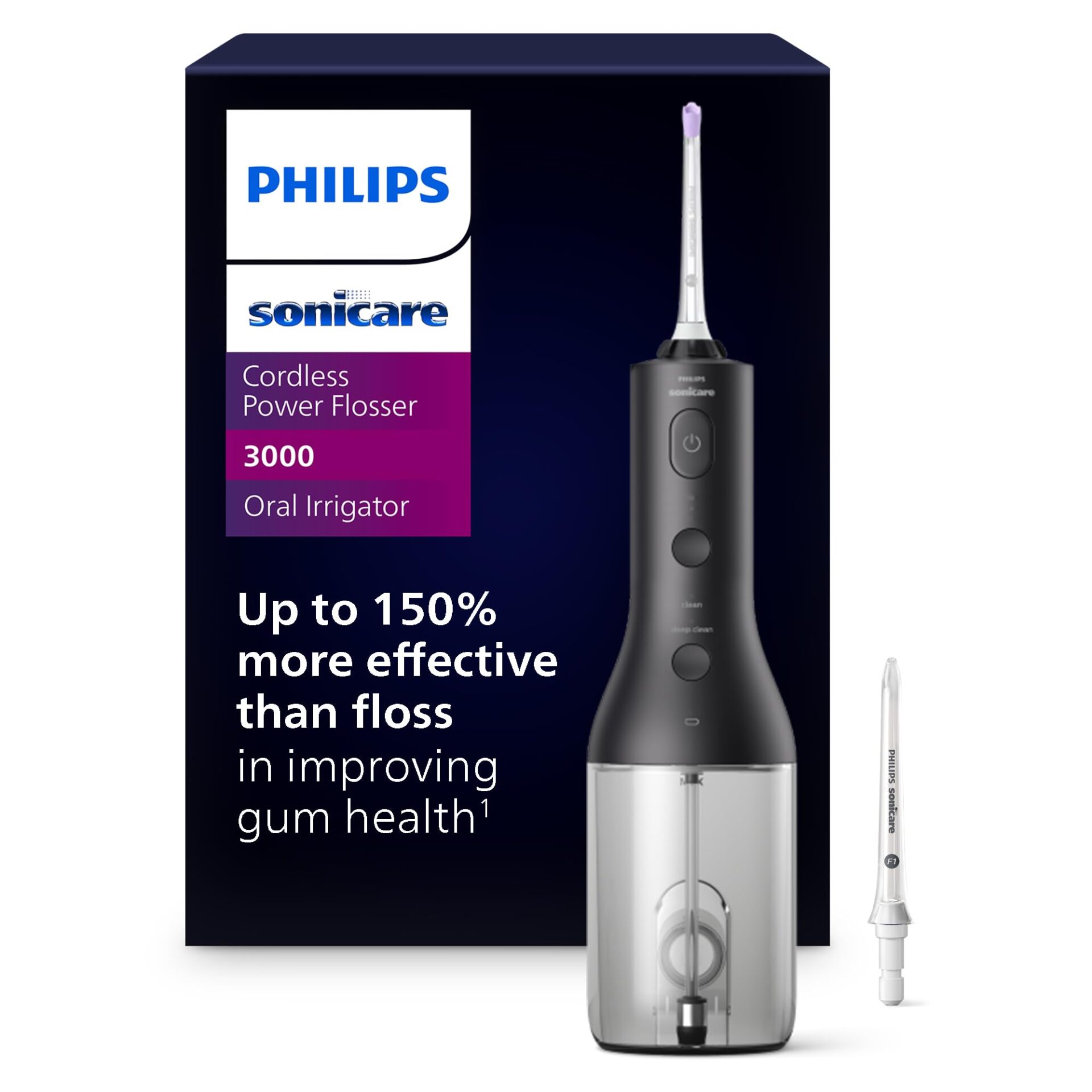 Philips Sonicare Cordless Power Flosser 3000 - Water Flosser with Innovative Quad Stream Technology, Oral Irrigator with 2 Flossing Modes and 3 Pressure Levels, IPX7 Waterproof, Black, HX3826/23 New Black + 2 Nozzles Flosser