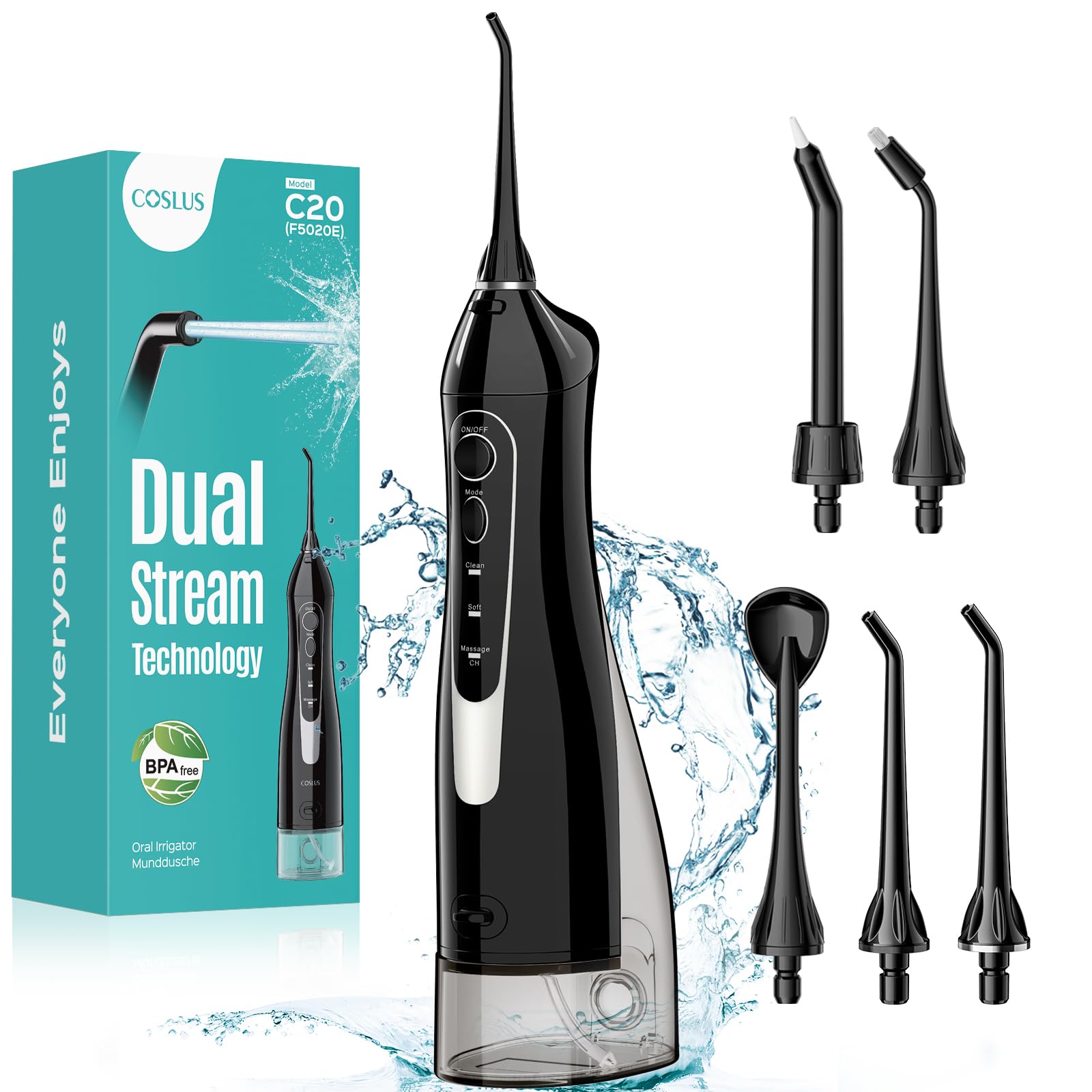 COSLUS Water Dental Flosser Teeth Pick C20: ADA Accepted, Portable Cordless Oral Irrigator 300ML Rechargeable Travel Irrigation Cleaner IPX7 Waterproof Electric Flossing Machine for Teeth, Black Black Professional Set