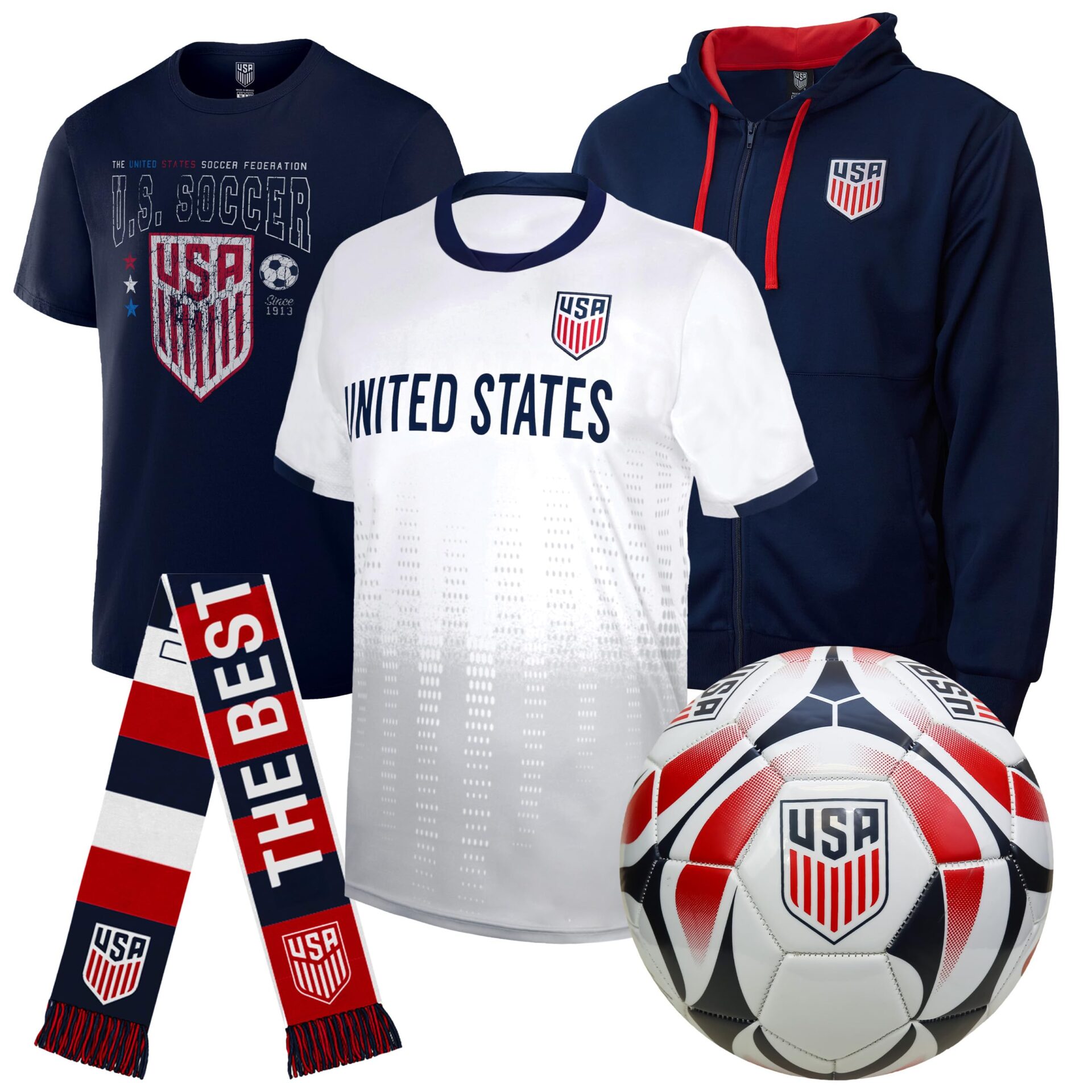 Icon Sports Officially Licensed US Soccer Federation Ultimate Fan Pack - Unisex Adult -Jacket, Shirts, Scarf & Ball/Bag United States Large Mt1-white