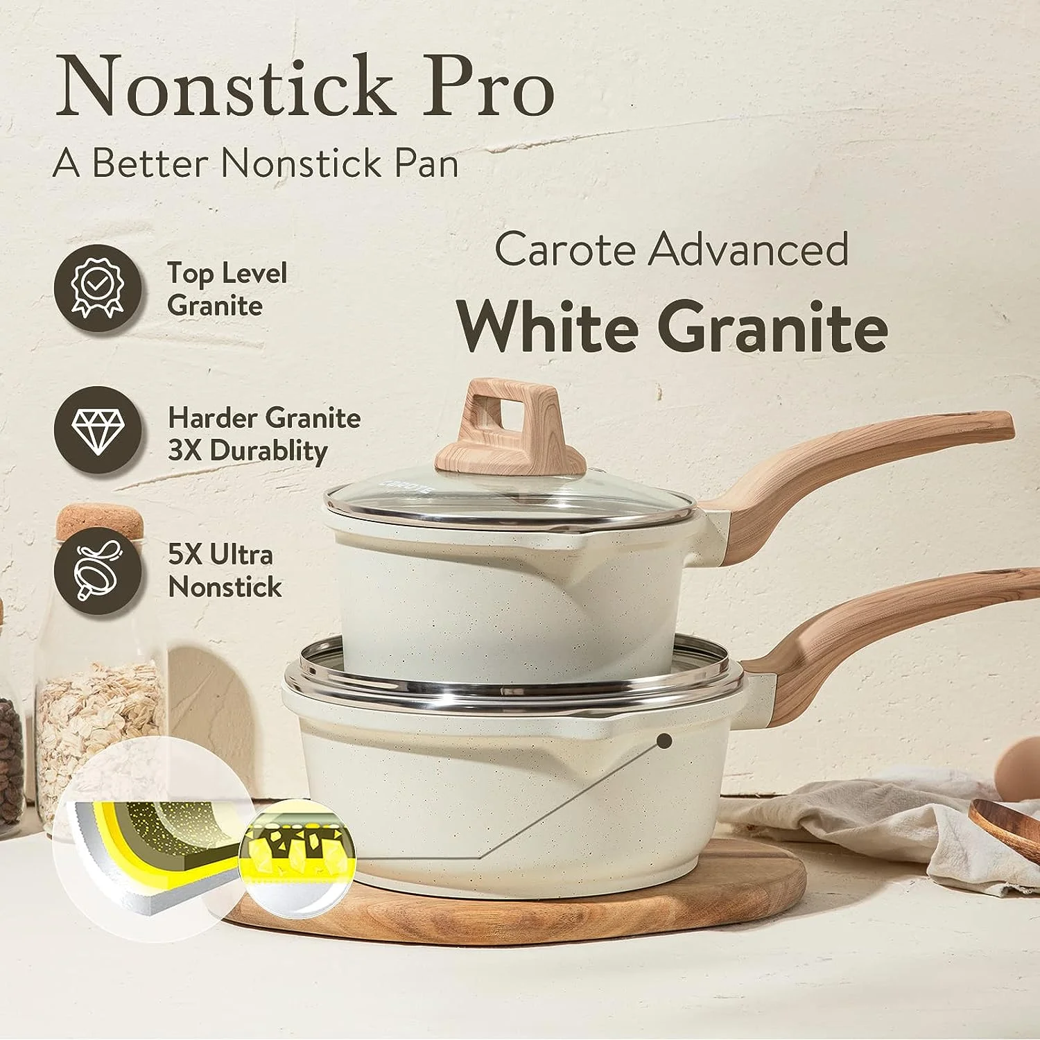 CAROTE 1.5Qt 2.5Qt Sauce Pan Set with Lid 4 Pcs Nonstick Sauce Pot Cooking Pot with Pour Spout, PFOA FREE(White Granite) CAROTE Sauce Pan 4 Pieces Set Nonstick Sauce Pot Cooking Pot with Pour Spout, PFOA FREE (White Granite)