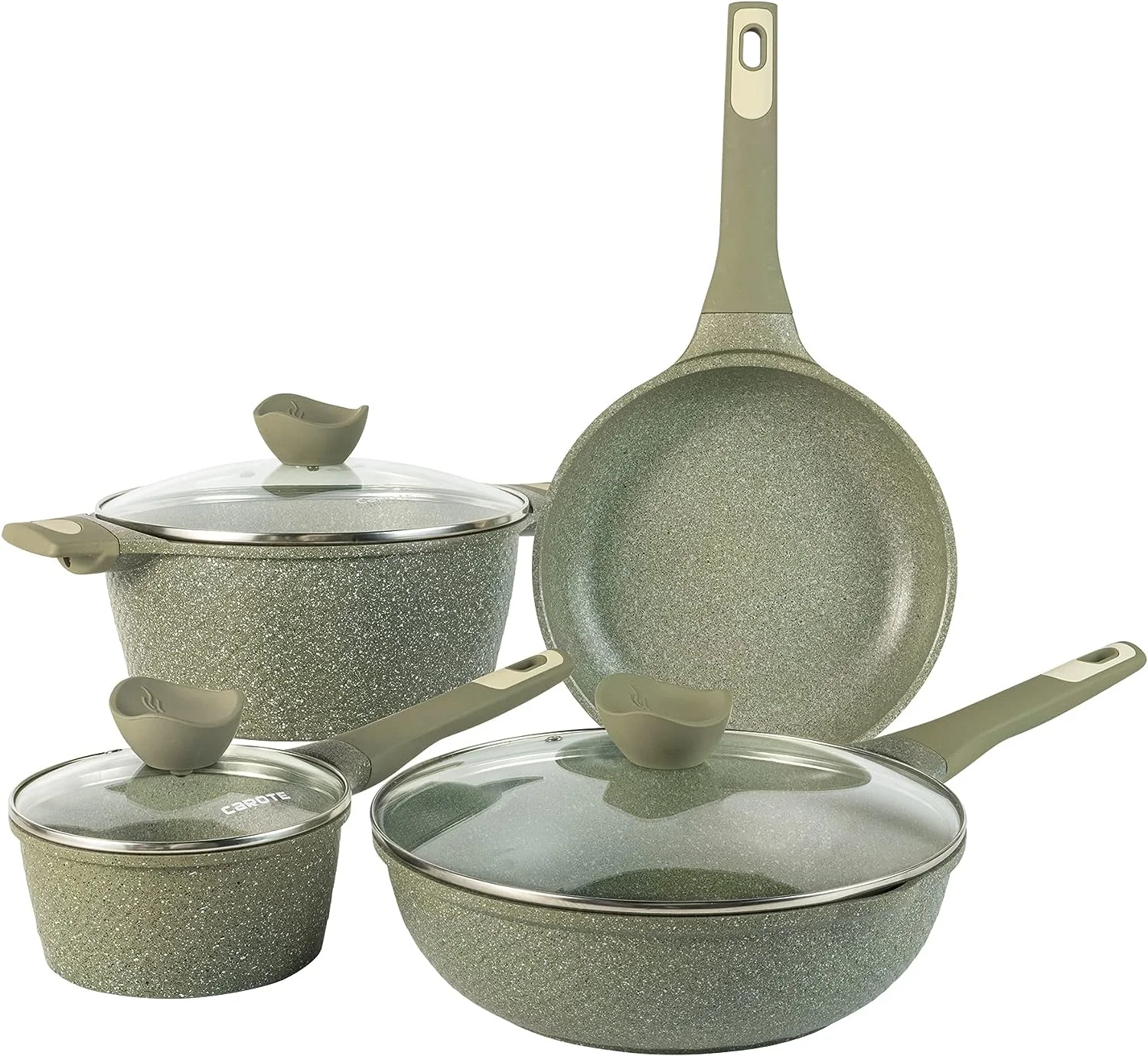 CAROTE Non Stick Cookware Set, Nonstick Induction Set Combo, Set of 4(24cm Fry Pan, 16cm Saucepan, 24cm Sauce Pot, 28cm Biryani Pot, 16cm Lid, 24cm Lid, 28cm LidGreen)