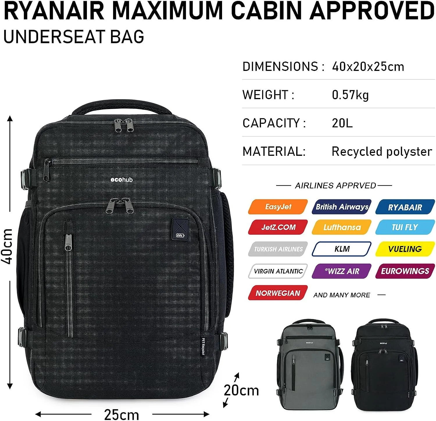 ECOHUB Ryanair Cabin Bag 40x20x25 Travel Hand Luggage Backpack Recycled PET Eco Friendly Under Seat Carry-ons Bag 20L, Black ECOHUB Ryanair Cabin Bag 40x20x25 Travel Hand Luggage Backpack Recycled PET Eco Friendly Under Seat Carry-ons Bag 20L, Black