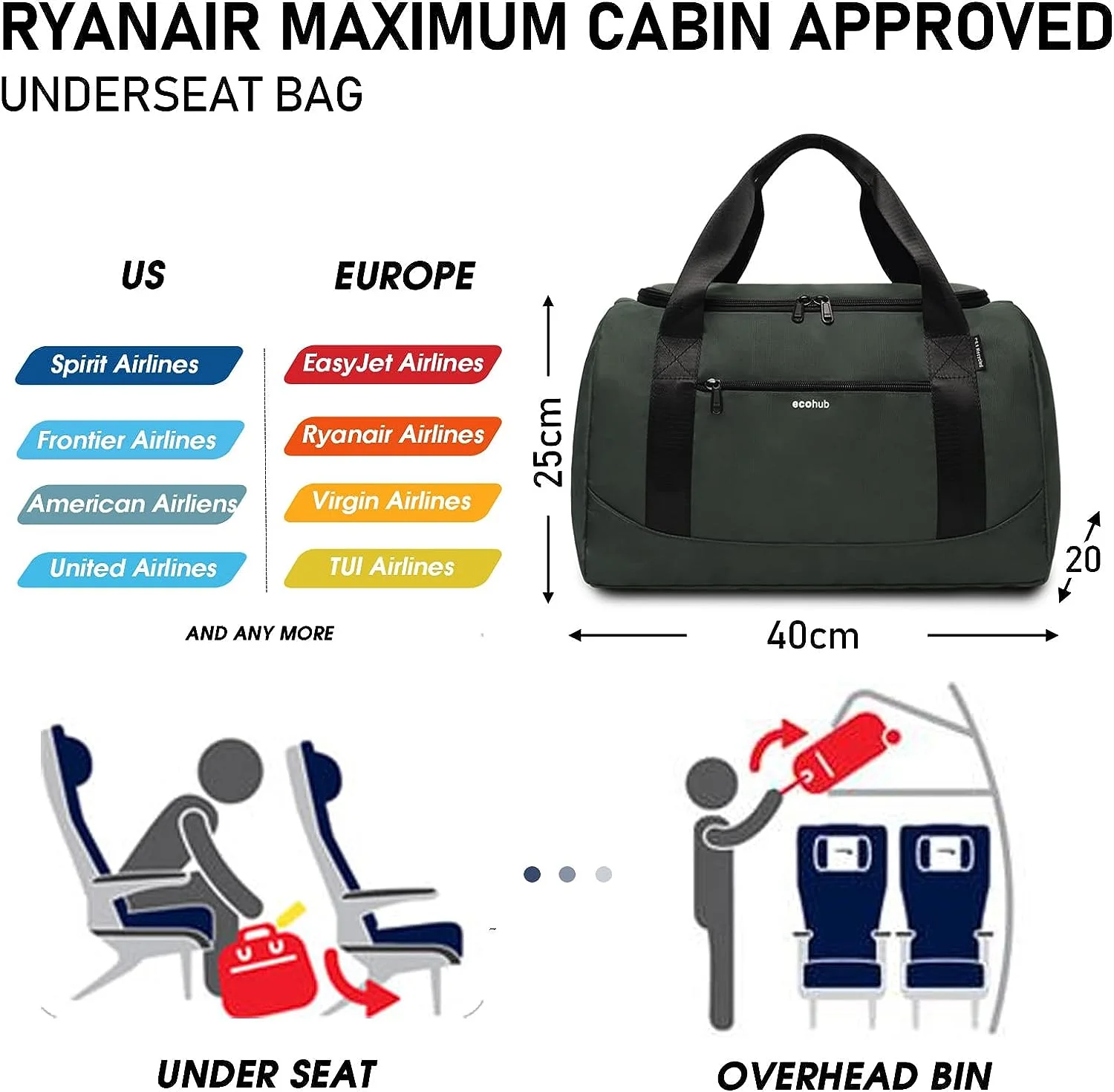 ECOHUB Ryanair Cabin Bags 40x20x25 Underseat Cabin Bag Travel Hand Luggage Bag Holdall Bag Carry on Bag Overnight for Women and Men Weekend Bag Hospital Bag Recycled PET Eco Friendly (Grey) ECOHUB Ryanair Cabin Bags 40x20x25 Underseat Cabin Bag Travel Hand Luggage Bag Holdall Bag Carry on Bag Overnight for Women and Men Weekend Bag Hospital Bag Recycled PET Eco Friendly (Grey)