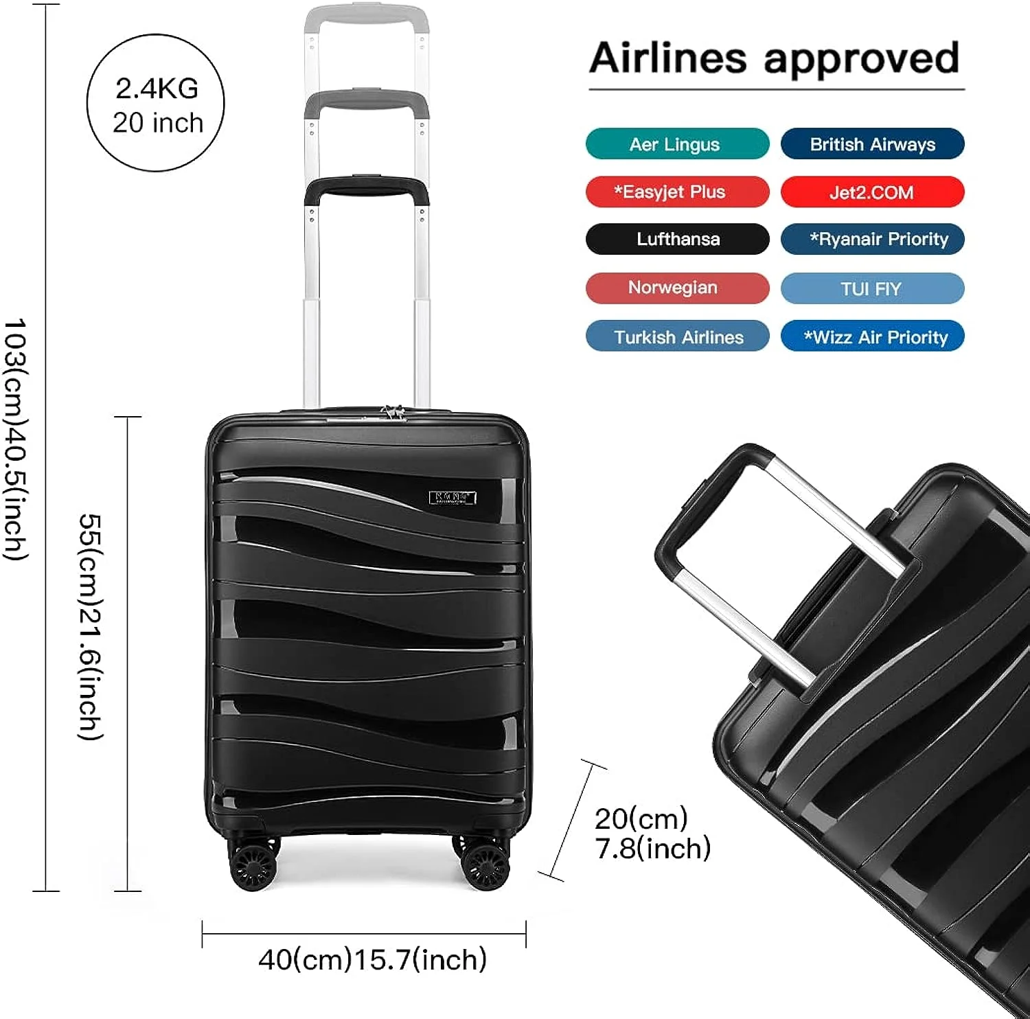Kono 55x40x20cm Hand Cabin Luggage Lightweight Polypropylene Hard Shell Carry On Suitcase Trolley with TSA Lock Spinner Wheels (Black) Kono 55x40x20cm Hand Cabin Luggage Lightweight Polypropylene Hard Shell Carry On Suitcase Trolley with TSA Lock Spinner Wheels (Black)