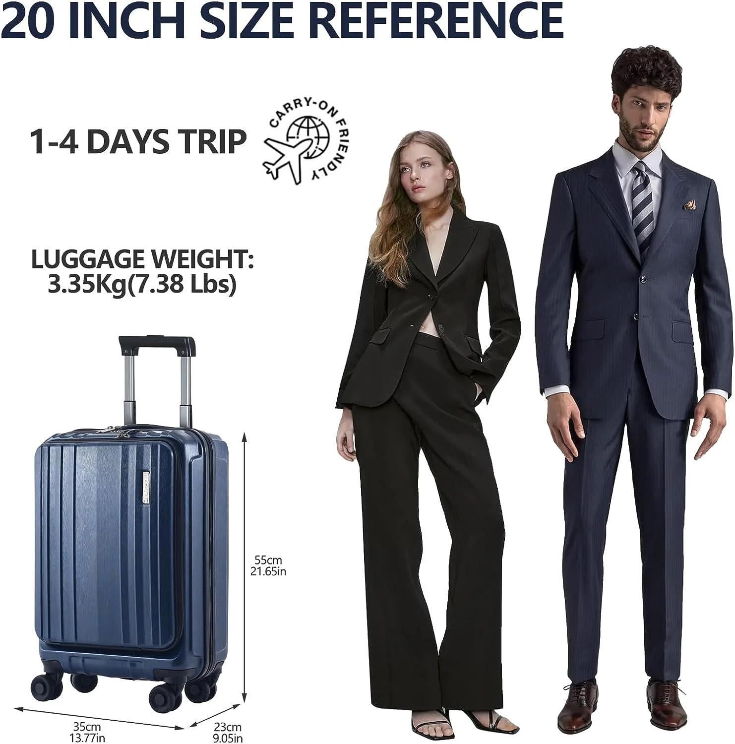 TydeCkare Carry On 55x35x23cm Luggage with Front Pocket for 15.6 Laptop, ABS+PC Suitcase with Dual Control TSA Lock, YKK Zipper, 4 Spinner Wheels, Dark Blue TydeCkare Carry On 55x35x23cm Luggage with Front Pocket for 15.6 Laptop, ABS+PC Suitcase with Dual Control TSA Lock, YKK Zipper, 4 Spinner Wheels, Dark Blue
